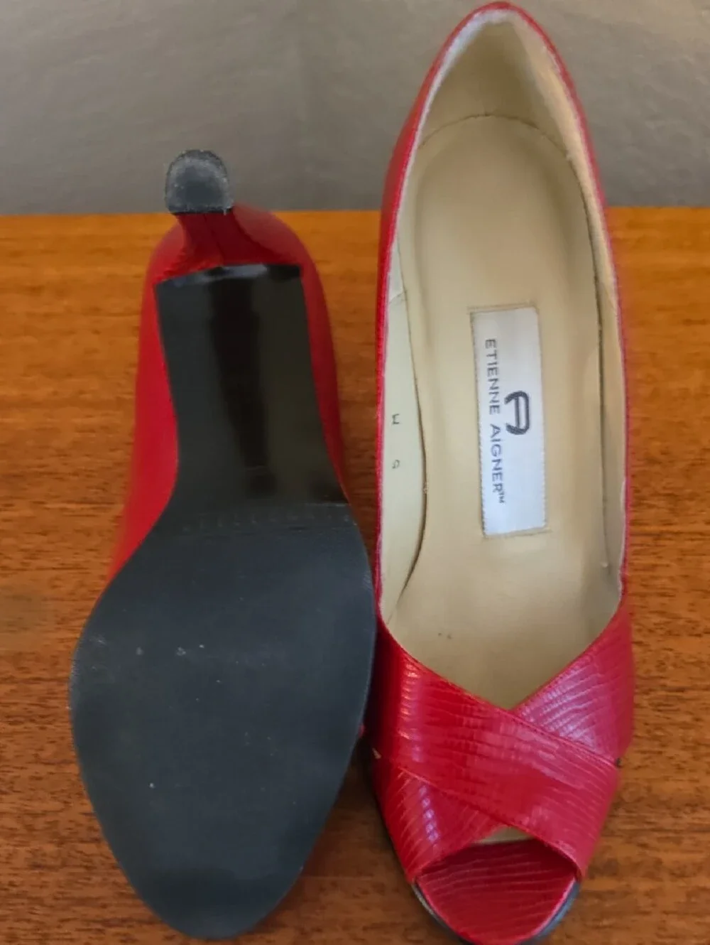 Etienne Aigner Red Peep-Toe Leather Heels